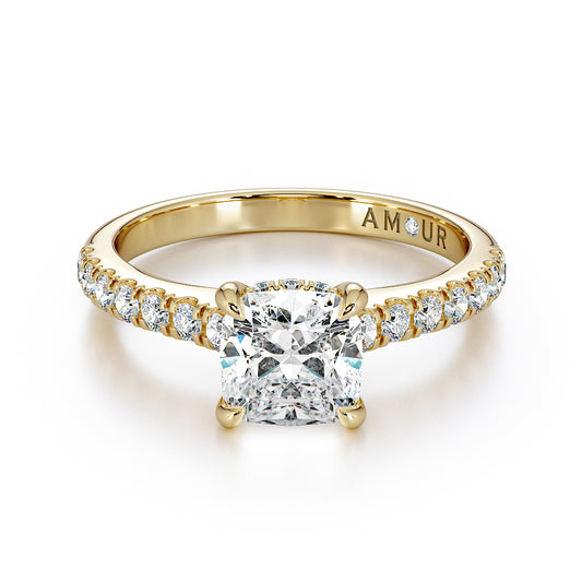 Cushion cut with pave set band & hidden halo