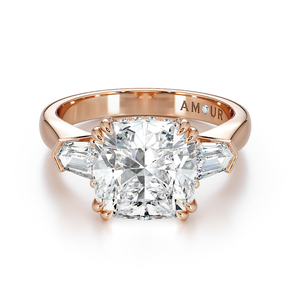 18k white gold cushion cut with diamond set gallery rail and tapered bullet cut diamond shoulders