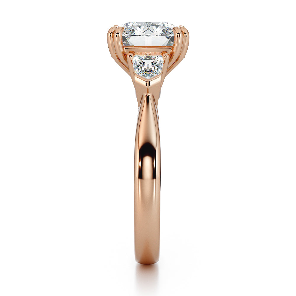 18k white gold cushion cut with diamond set gallery rail and tapered bullet cut diamond shoulders