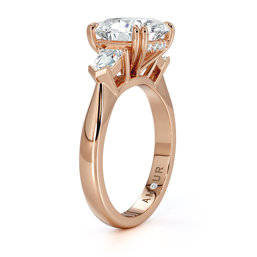 18k white gold cushion cut with diamond set gallery rail and tapered bullet cut diamond shoulders