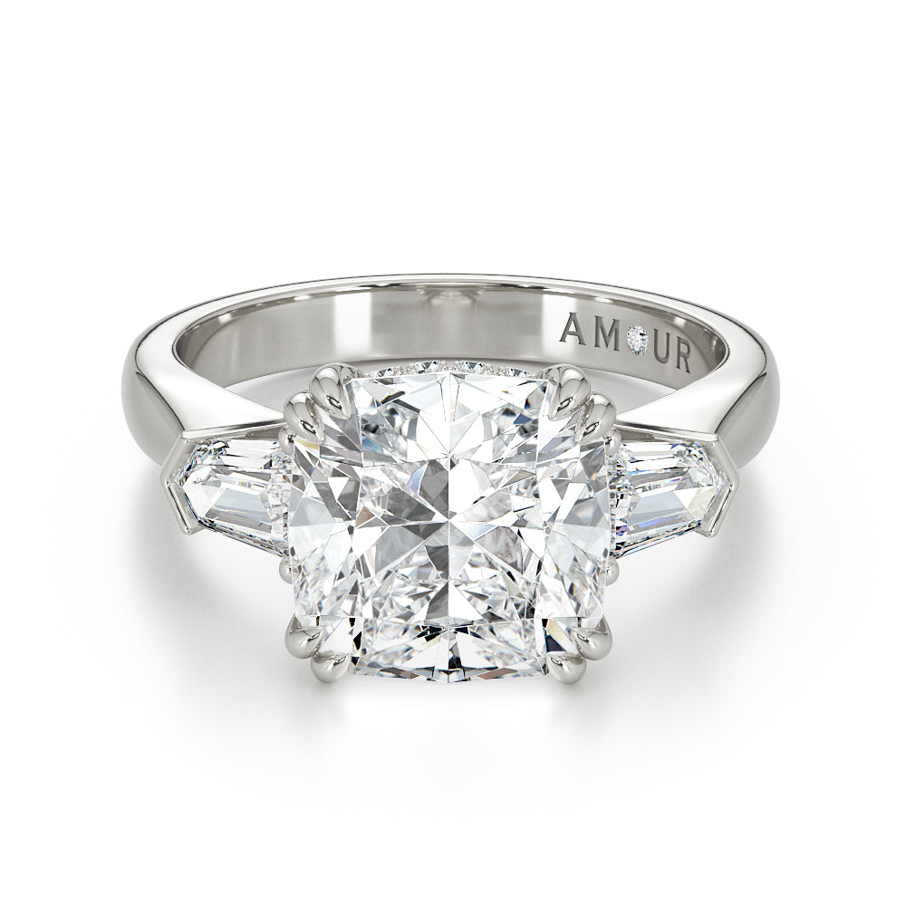18k white gold cushion cut with diamond set gallery rail and tapered bullet cut diamond shoulders