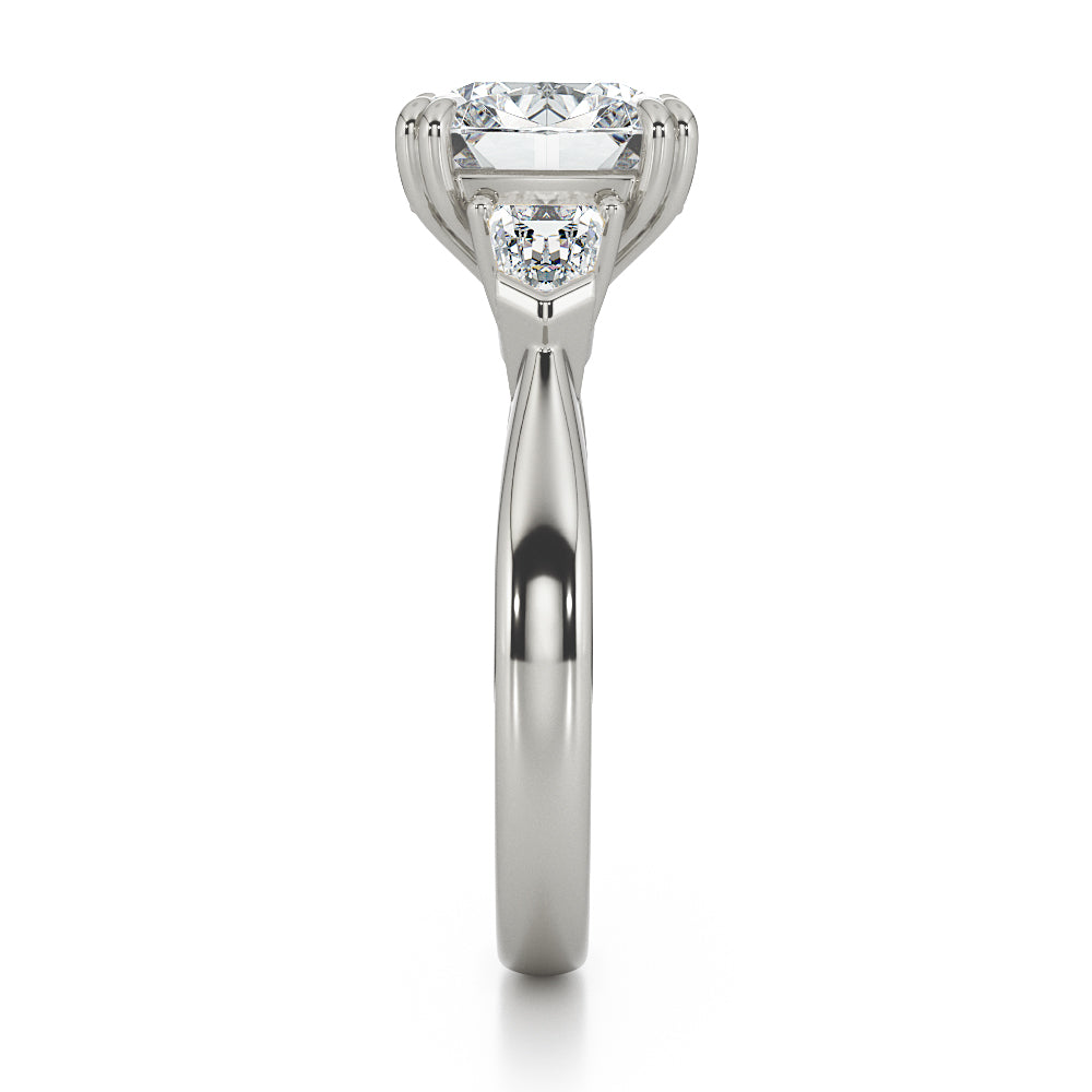 18k white gold cushion cut with diamond set gallery rail and tapered bullet cut diamond shoulders
