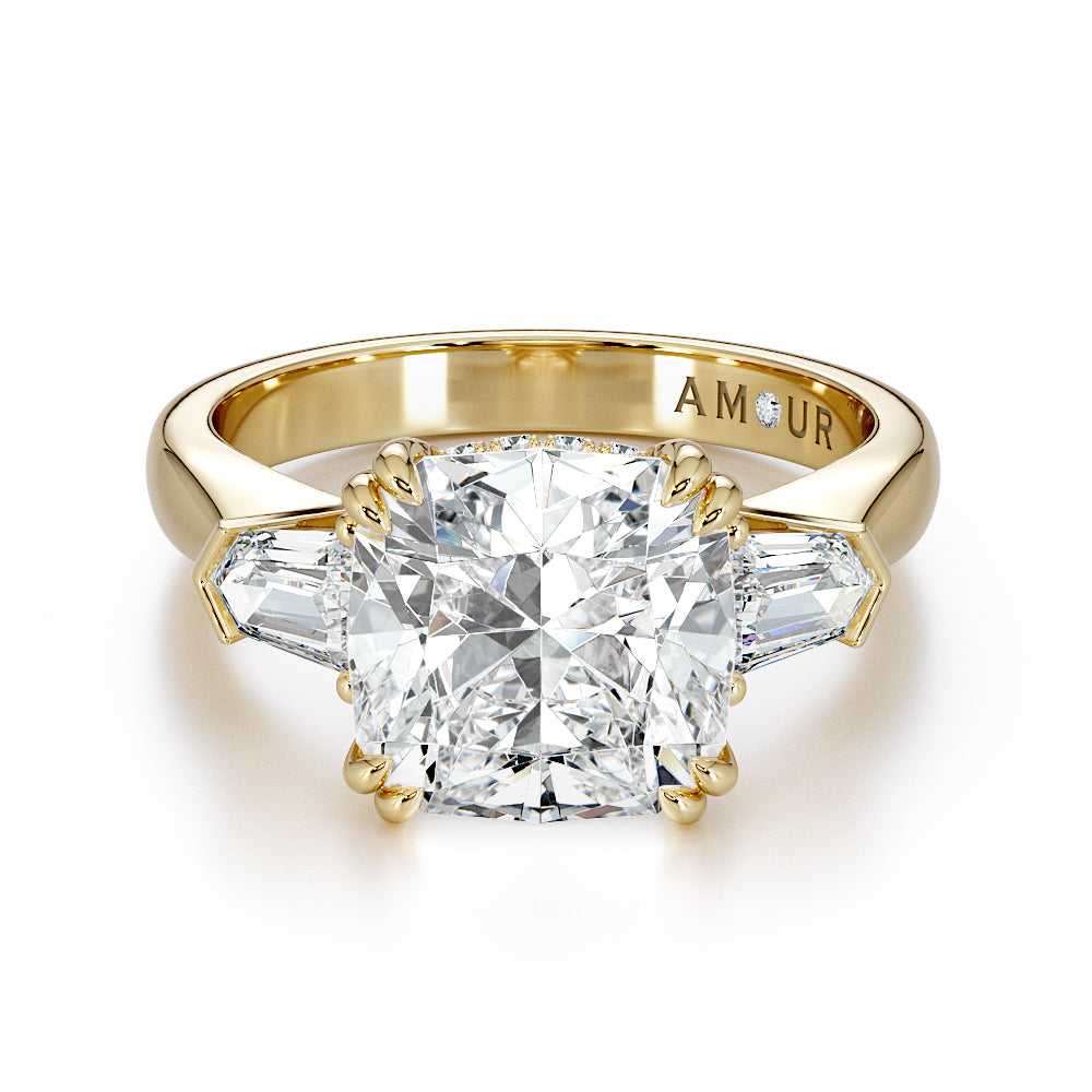 18k white gold cushion cut with diamond set gallery rail and tapered bullet cut diamond shoulders