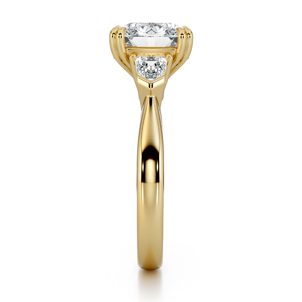 18k white gold cushion cut with diamond set gallery rail and tapered bullet cut diamond shoulders