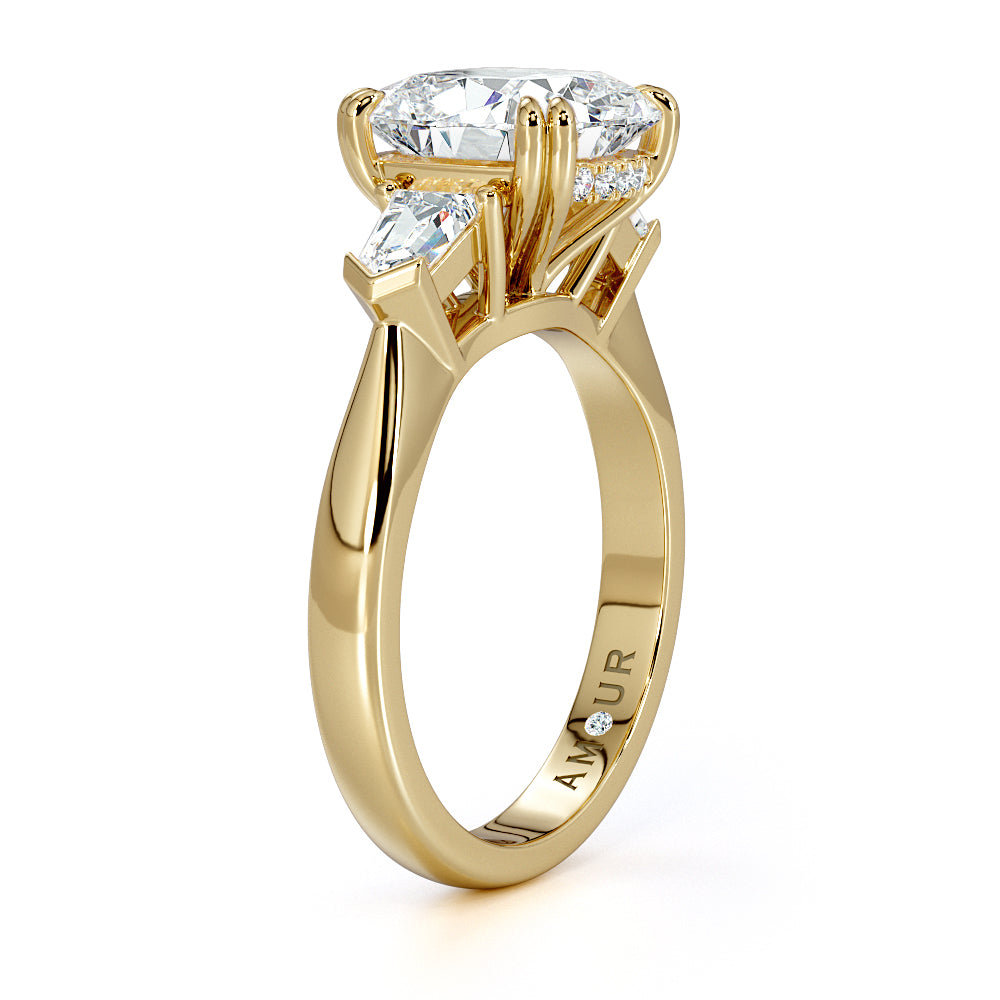 18k white gold cushion cut with diamond set gallery rail and tapered bullet cut diamond shoulders