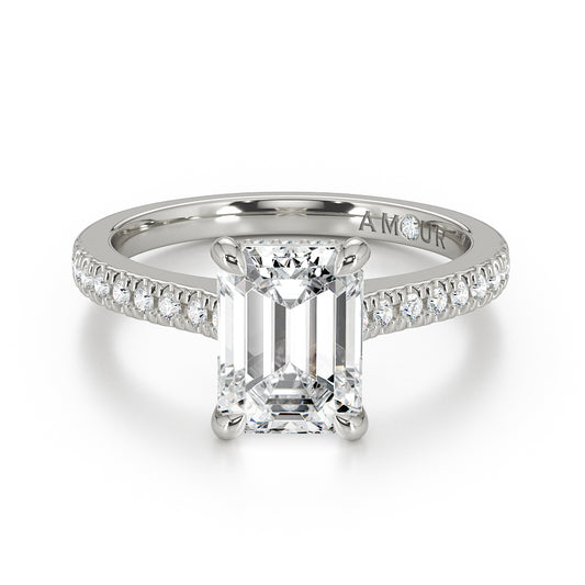 Emerald cut Solitare with pave set shoulders & hidden halo