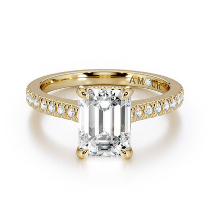 Emerald cut with pave set diamond shoulders and hidden halo