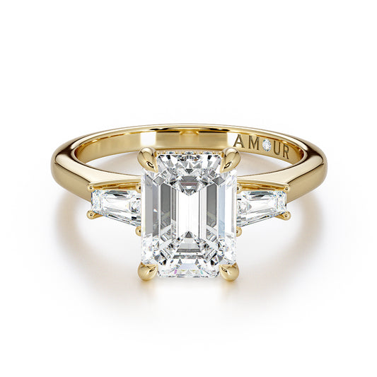 Emerald cut with tapered baguette shoulders & hidden halo