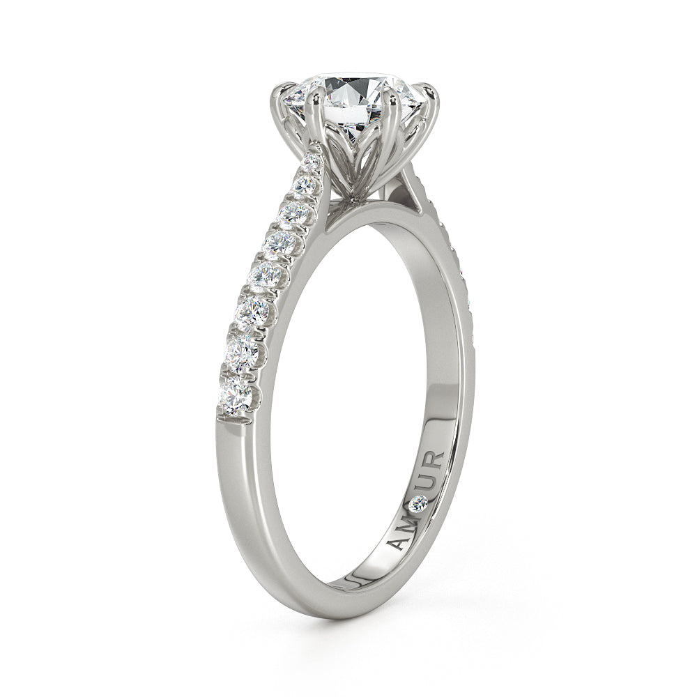 Brilliant Cut Floral Six Claw with pave set cathedral shoulders