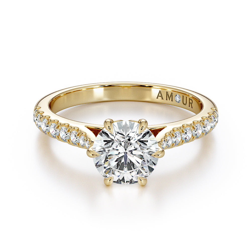 Brilliant Cut Floral Six Claw with pave set cathedral shoulders