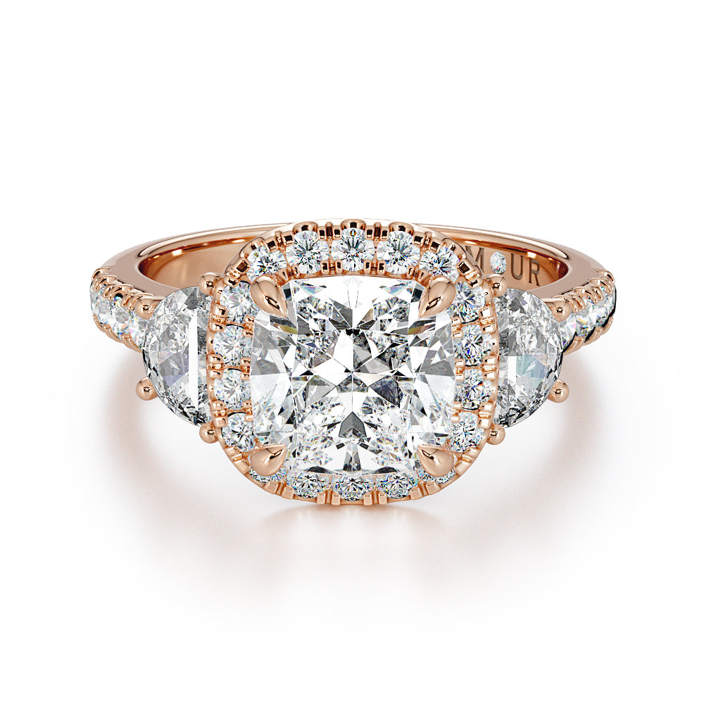 Cushion Cut With Pave Set Halo And Half Moon And Brilliant Cut Shoulders