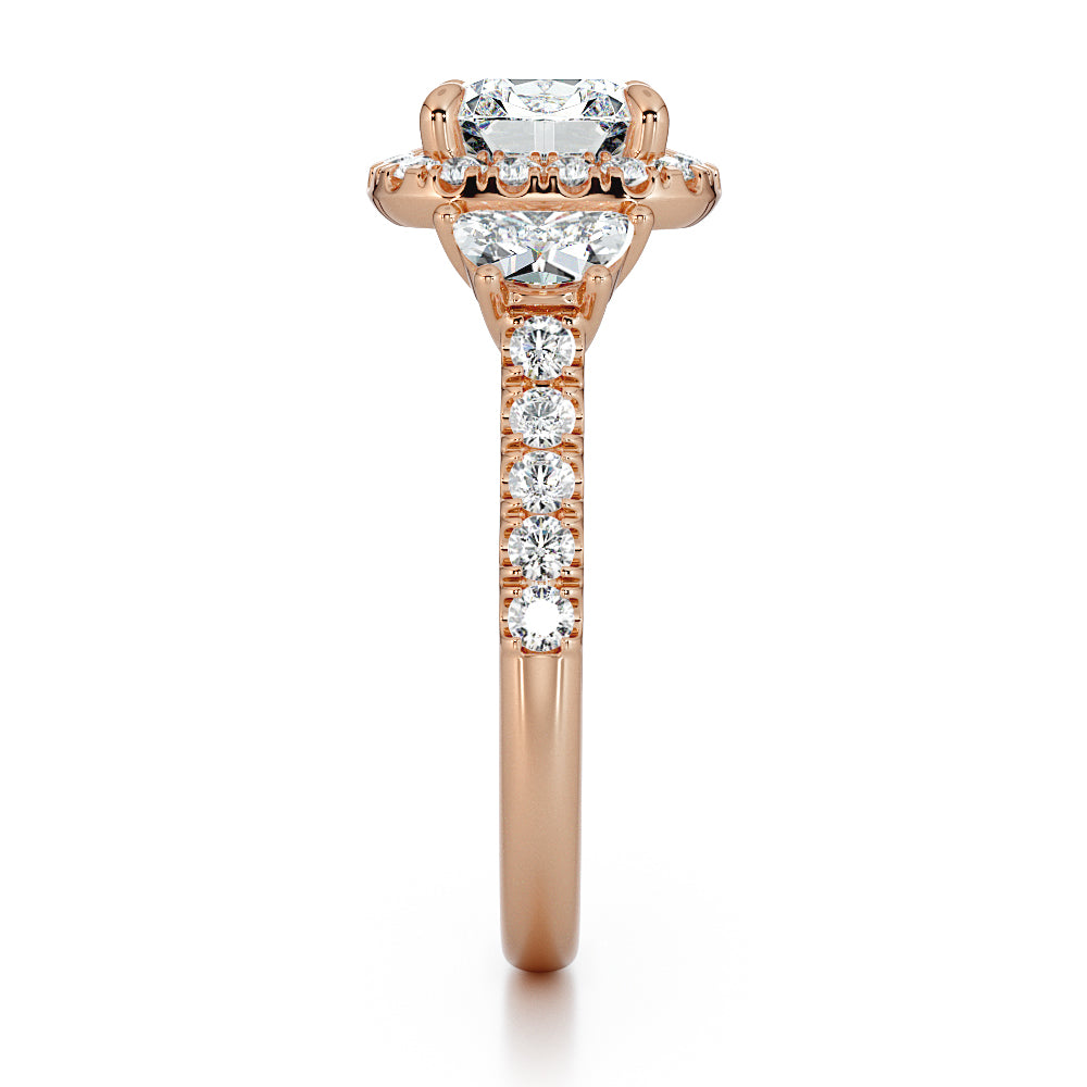 Cushion Cut With Pave Set Halo And Half Moon And Brilliant Cut Shoulders