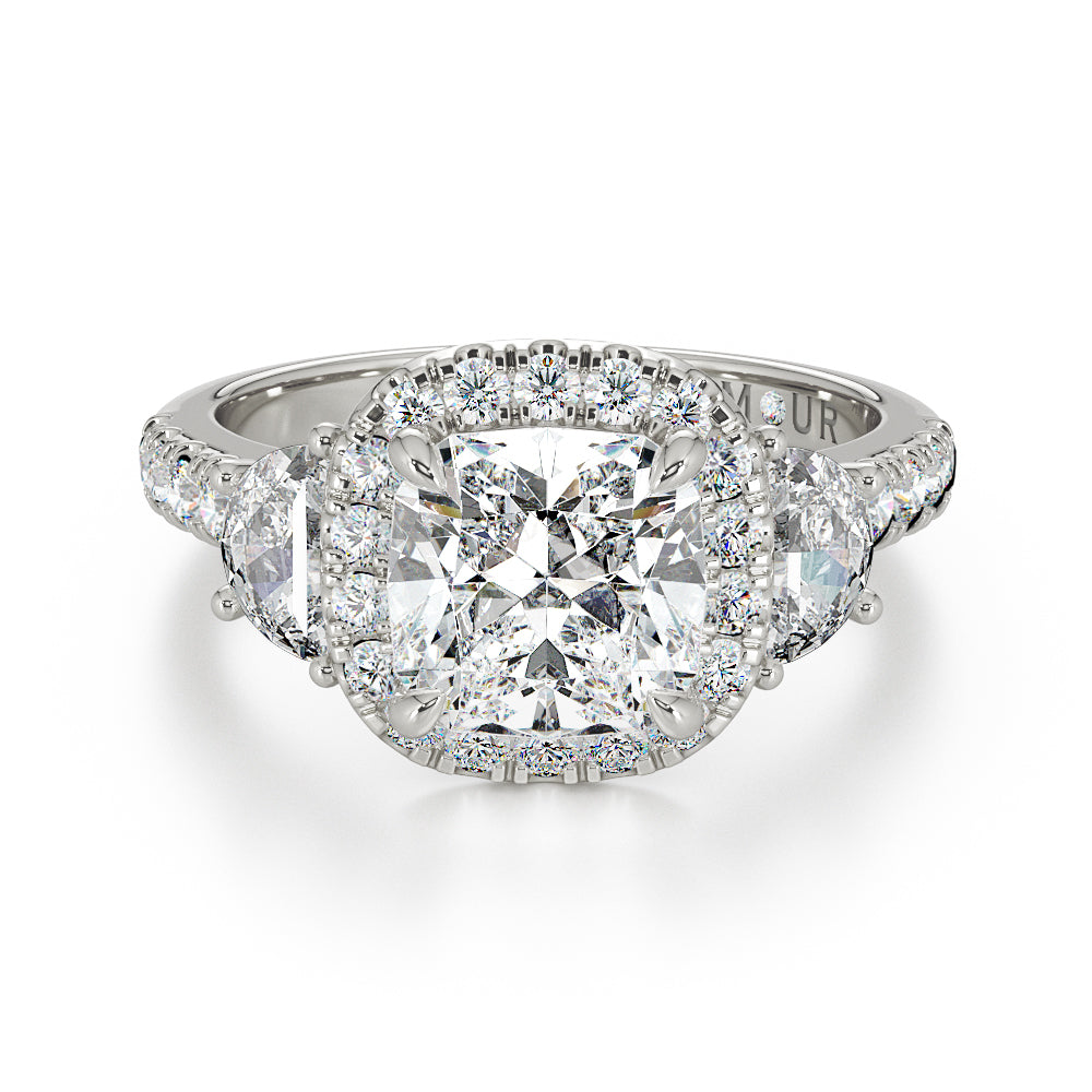 Cushion Cut With Pave Set Halo And Half Moon And Brilliant Cut Shoulders