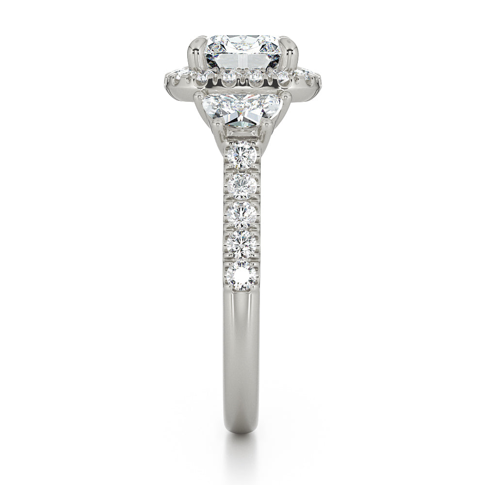 Cushion Cut With Pave Set Halo And Half Moon And Brilliant Cut Shoulders