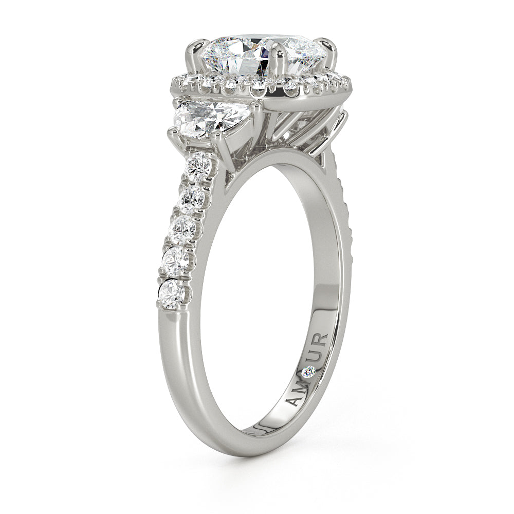Cushion Cut With Pave Set Halo And Half Moon And Brilliant Cut Shoulders