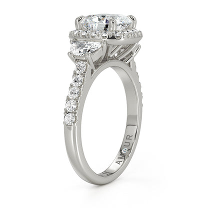 Cushion Cut With Pave Set Halo And Half Moon And Brilliant Cut Shoulders