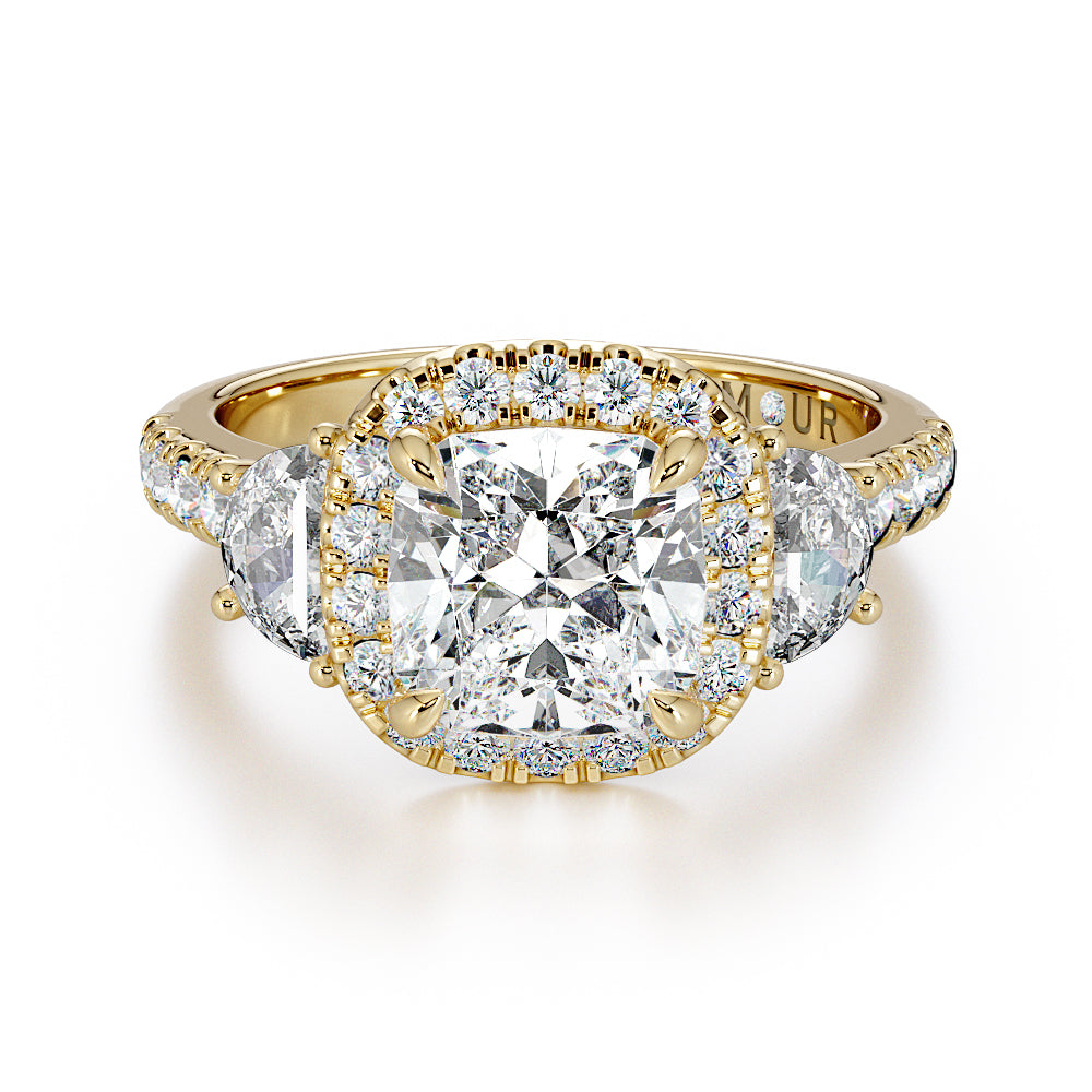 Cushion Cut With Pave Set Halo And Half Moon And Brilliant Cut Shoulders
