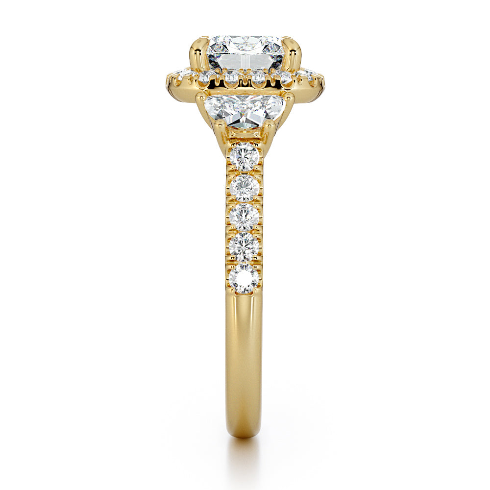 Cushion Cut With Pave Set Halo And Half Moon And Brilliant Cut Shoulders