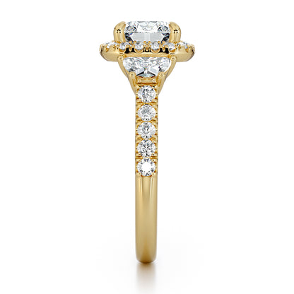Cushion Cut With Pave Set Halo And Half Moon And Brilliant Cut Shoulders