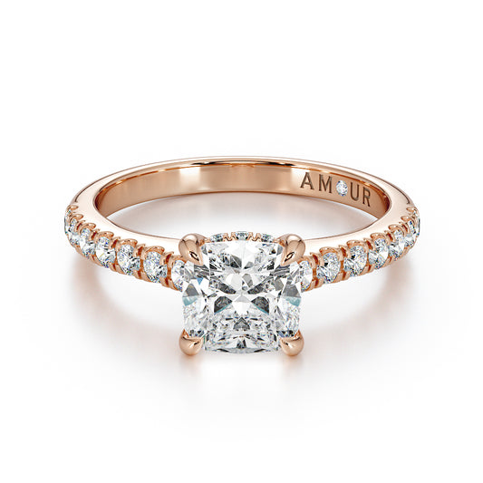Cushion cut with pave set band & hidden halo