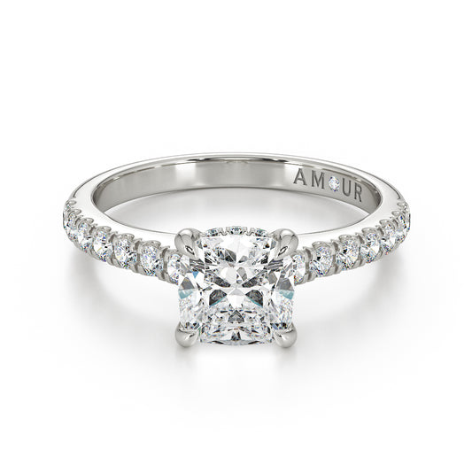 Cushion cut with pave set band & hidden halo