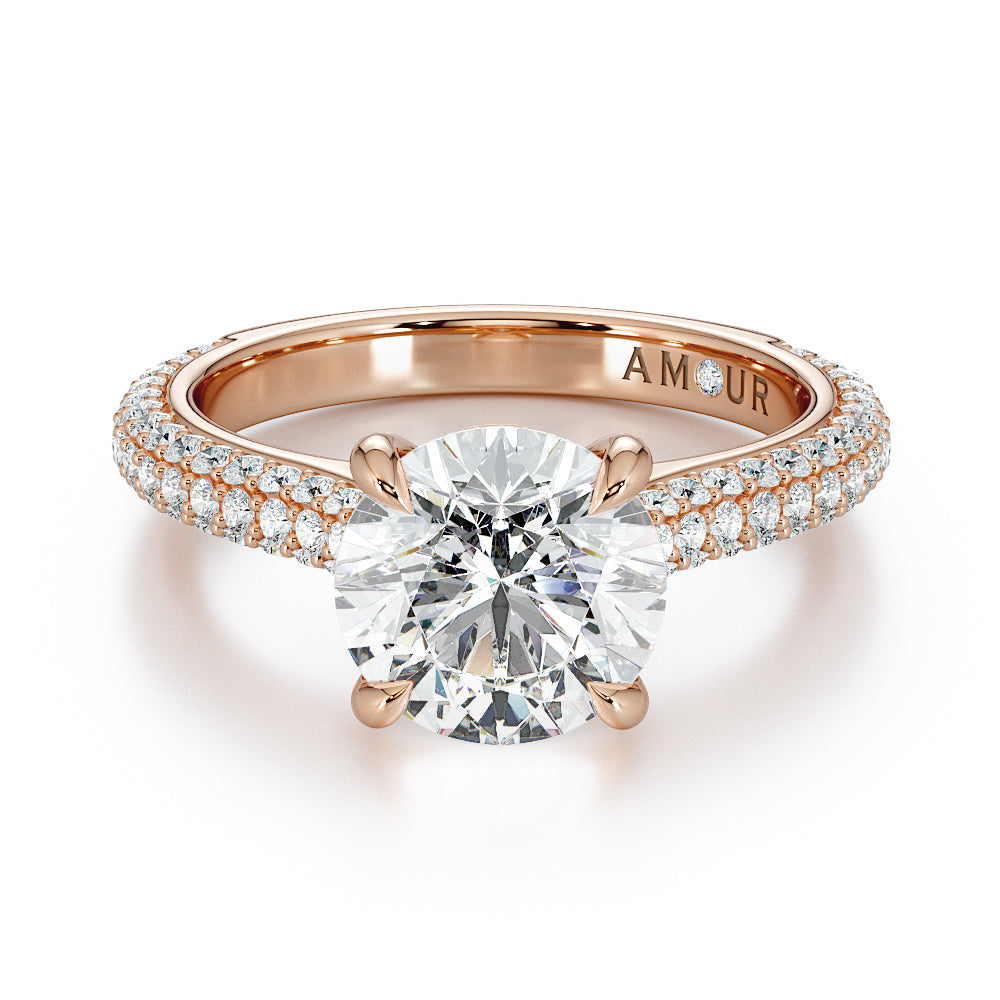 Round Brilliant Cut with Multi Row Pave Set Diamond Band & Hidden Halo