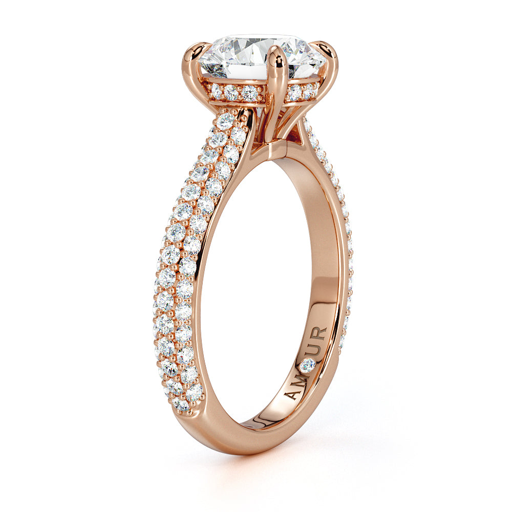 Round Brilliant Cut with Multi Row Pave Set Diamond Band & Hidden Halo
