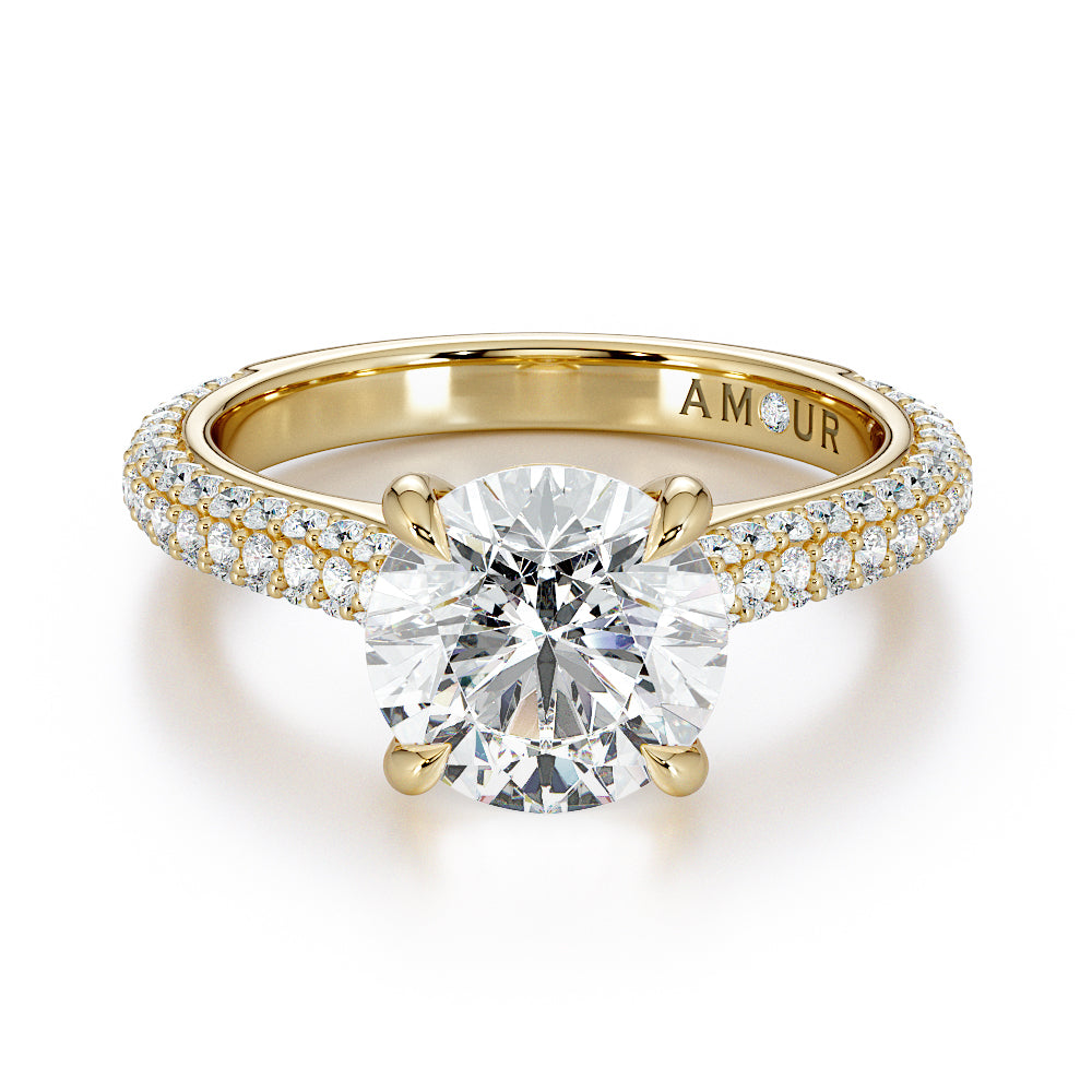 Round Brilliant Cut with Multi Row Pave Set Diamond Band & Hidden Halo