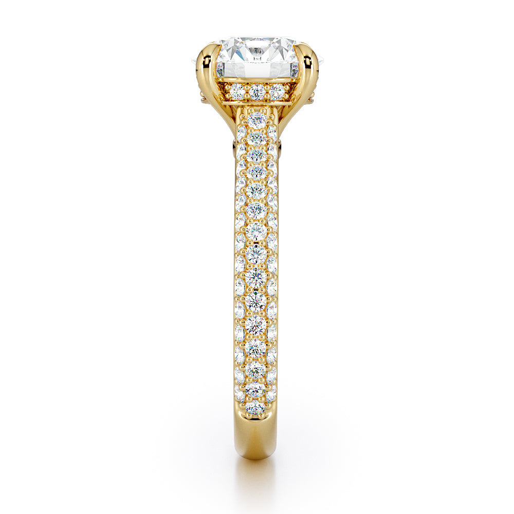 Round Brilliant Cut with Multi Row Pave Set Diamond Band & Hidden Halo