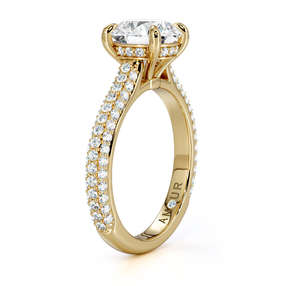 Round Brilliant Cut with Multi Row Pave Set Diamond Band & Hidden Halo