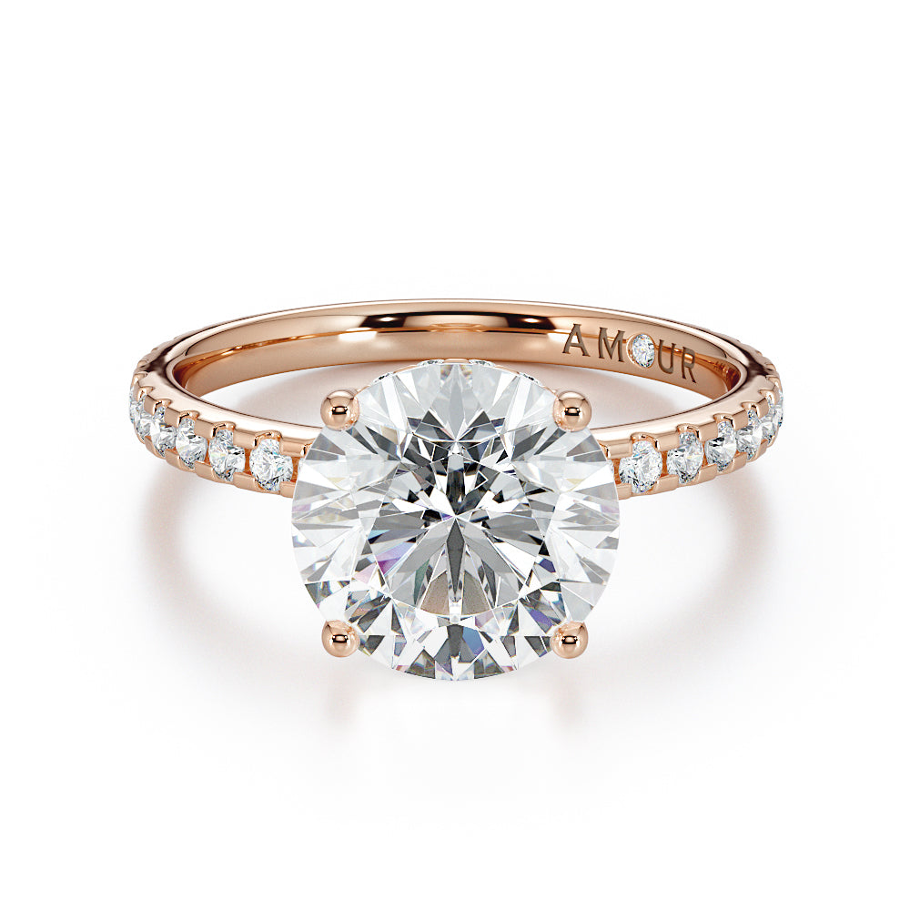 Round Brilliant Cut with Pave Set Diamond Shoulders & Hidden Halo