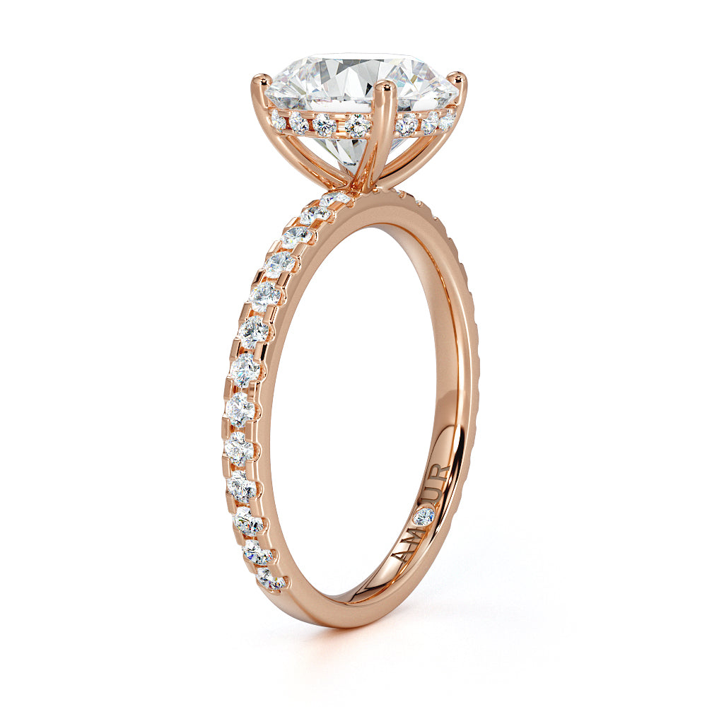 Round Brilliant Cut with Pave Set Diamond Shoulders & Hidden Halo