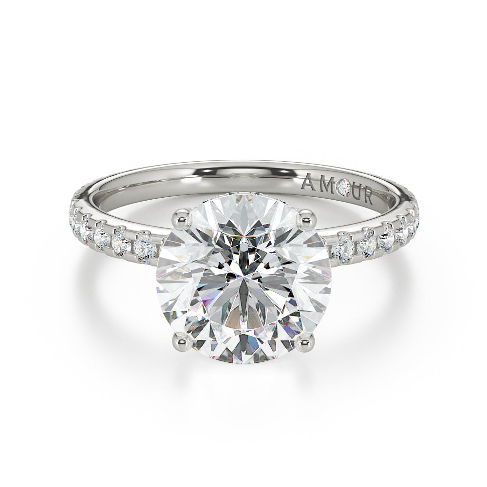 Round Brilliant Cut with Pave Set Diamond Shoulders & Hidden Halo