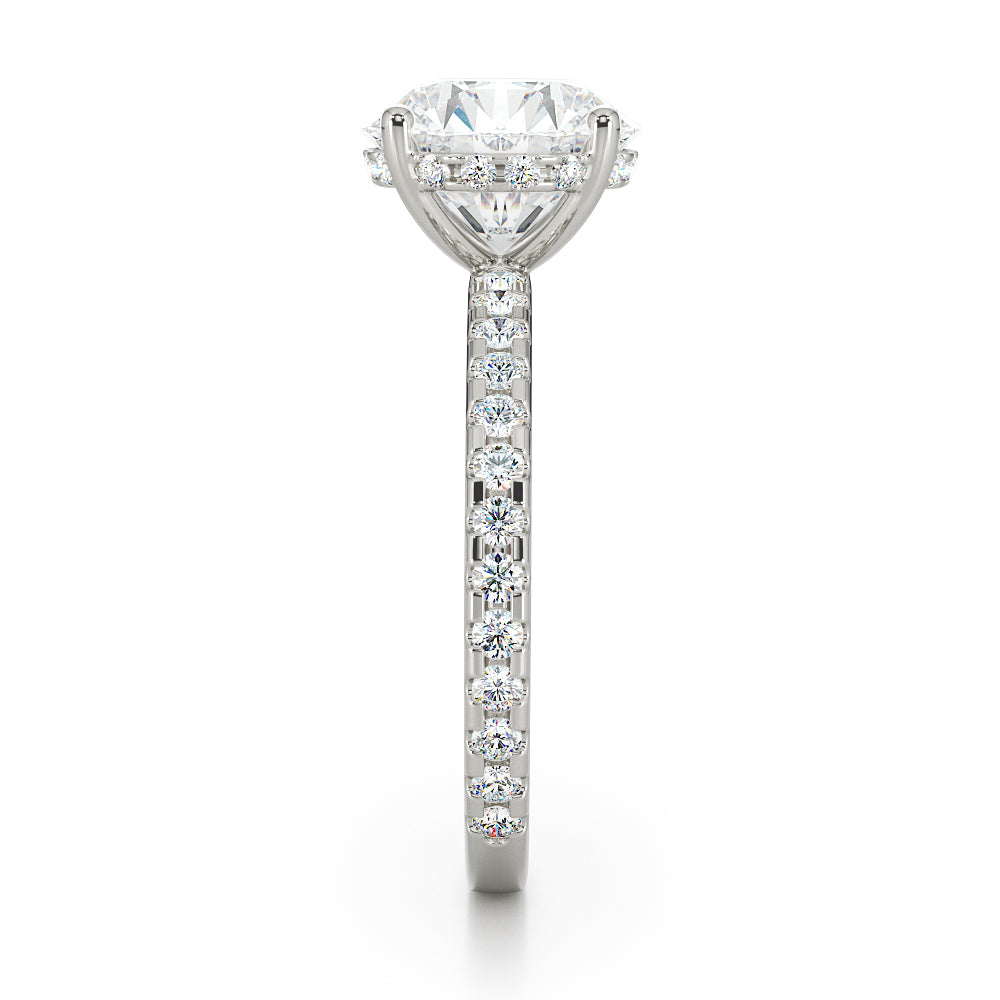 Round Brilliant Cut with Pave Set Diamond Shoulders & Hidden Halo