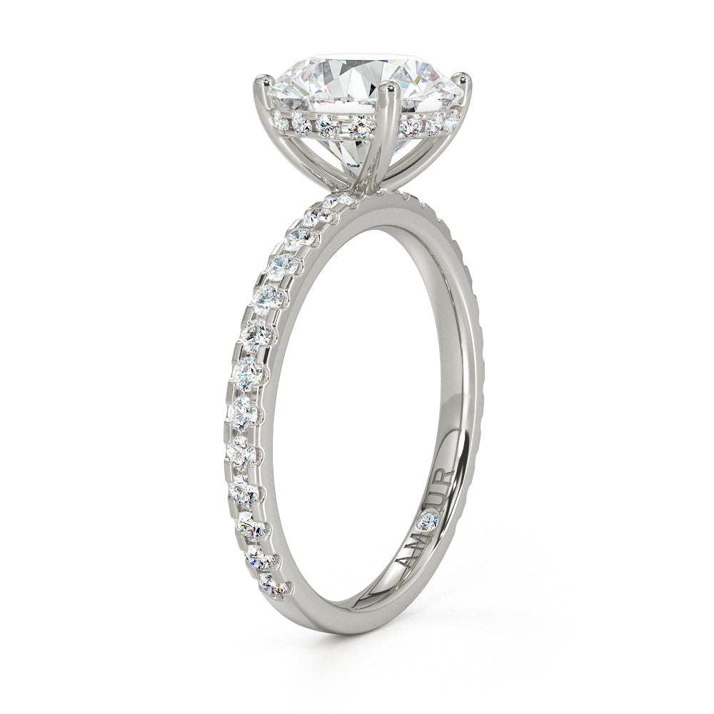 Round Brilliant Cut with Pave Set Diamond Shoulders & Hidden Halo