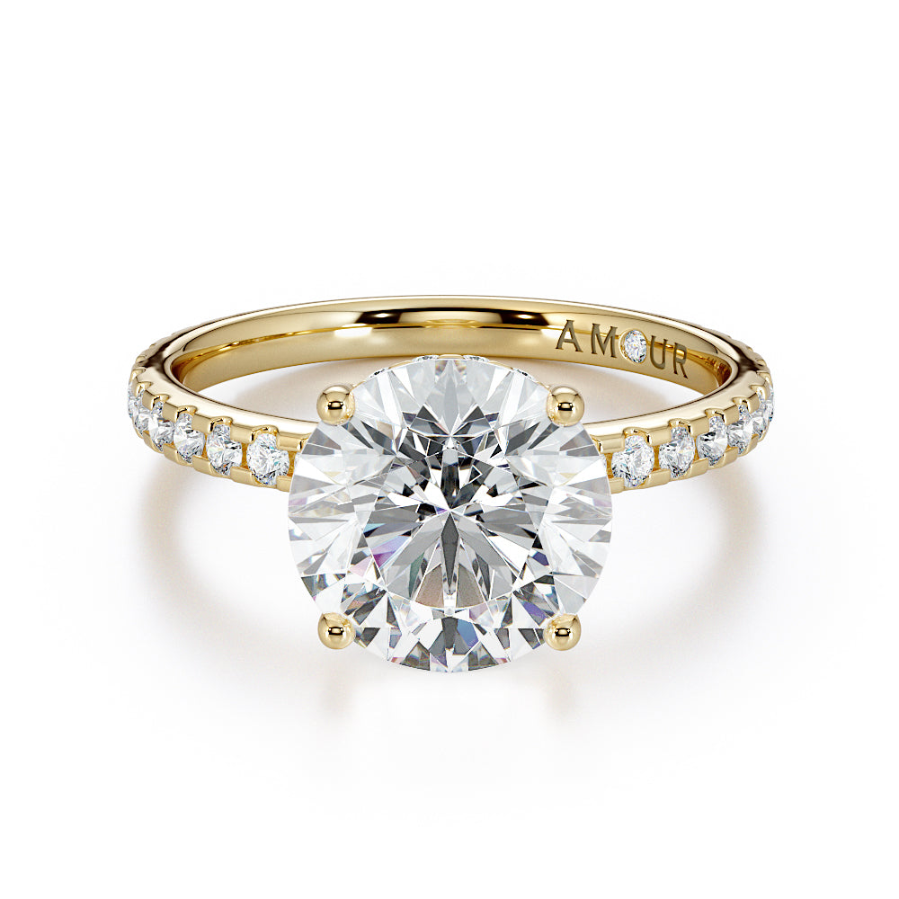 Round Brilliant Cut with Pave Set Diamond Shoulders & Hidden Halo