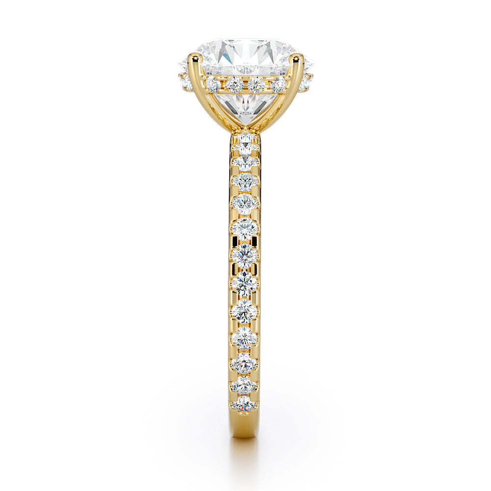 Round Brilliant Cut with Pave Set Diamond Shoulders & Hidden Halo