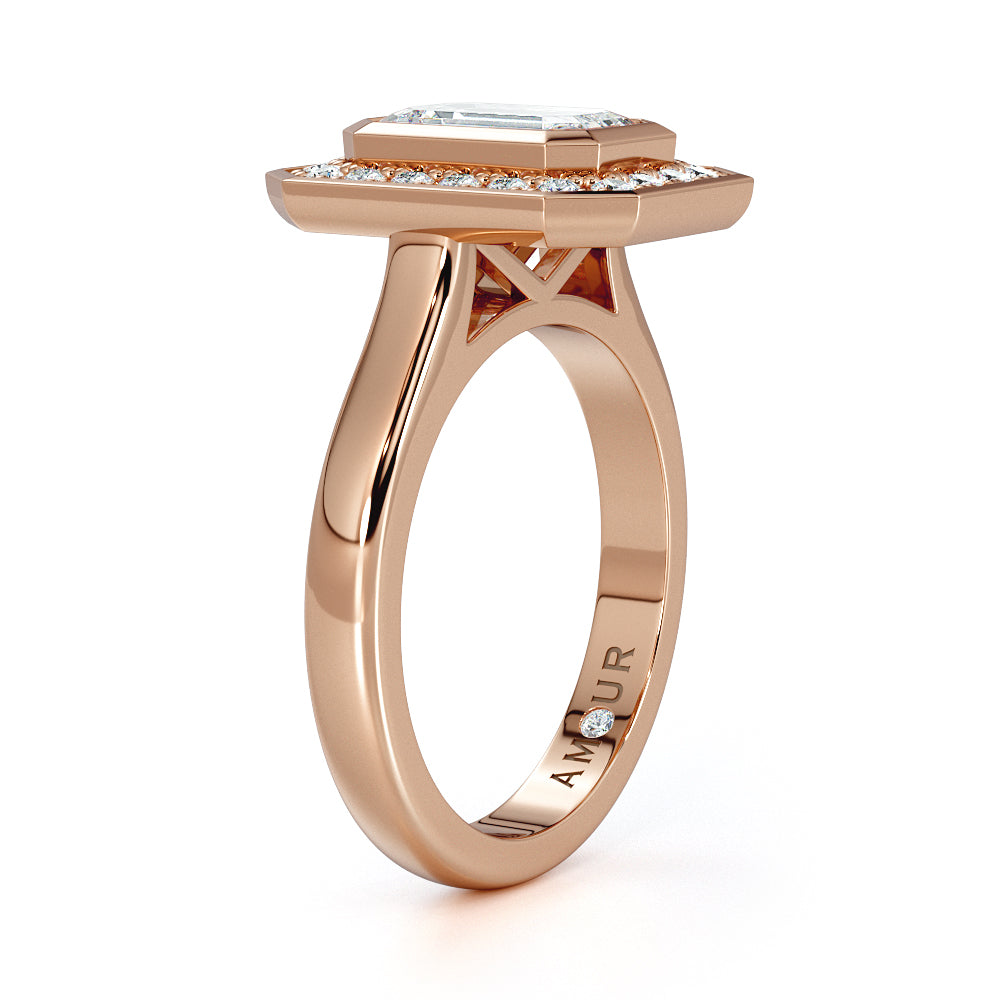 Bezel Set Emerald Cut Diamond With Bead Set Diamond Halo
