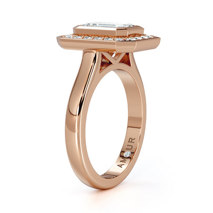 Bezel Set Emerald Cut Diamond With Bead Set Diamond Halo