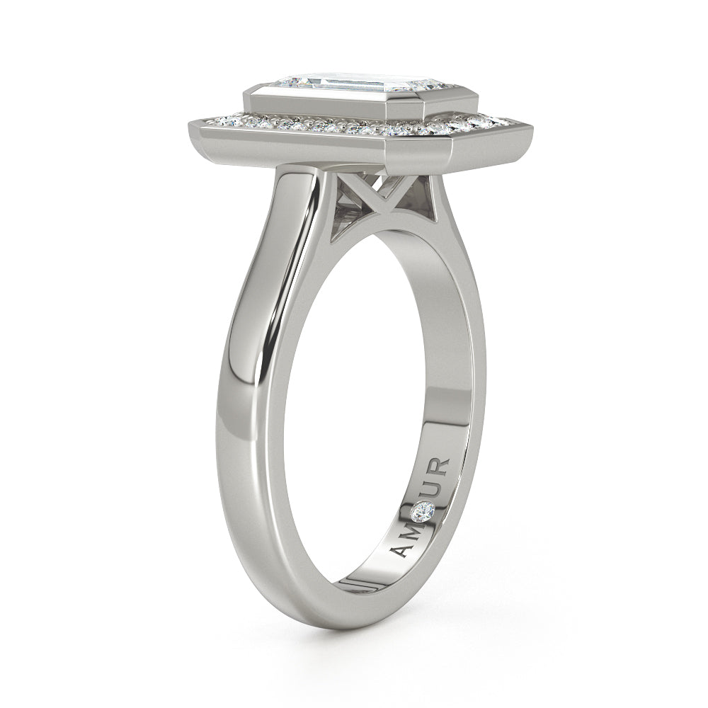 Bezel Set Emerald Cut Diamond With Bead Set Diamond Halo