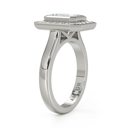 Bezel Set Emerald Cut Diamond With Bead Set Diamond Halo