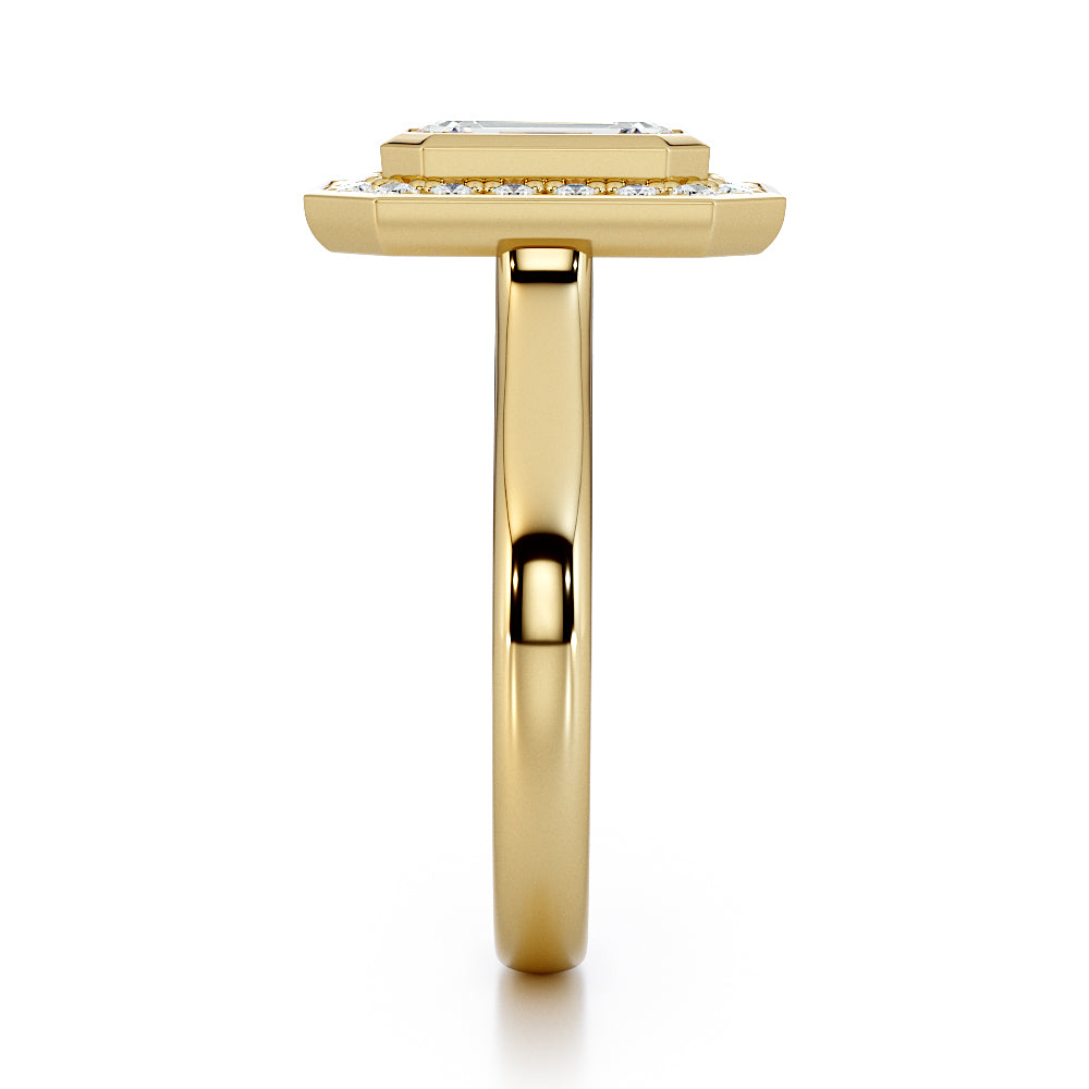 Bezel Set Emerald Cut Diamond With Bead Set Diamond Halo