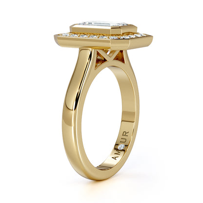 Bezel Set Emerald Cut Diamond With Bead Set Diamond Halo