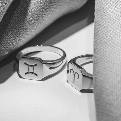 Zodiac Sign Signet Ring - Sterling Silver