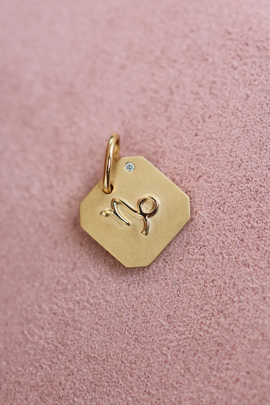 Gold hexagonal pendant with a star sign on a pink textured background
