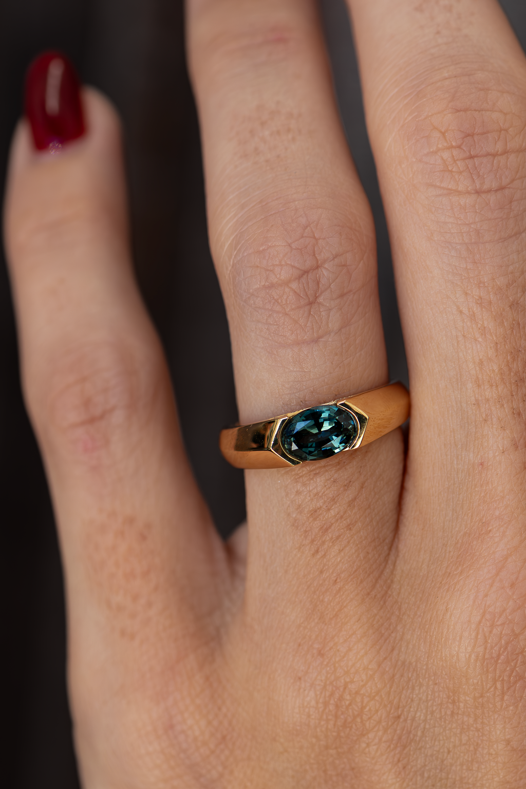 1.33CT Teal Sapphire Half-Bezel Ring