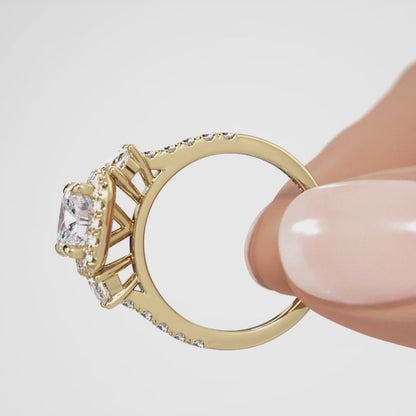 Cushion Cut With Pave Set Halo And Half Moon And Brilliant Cut Shoulders