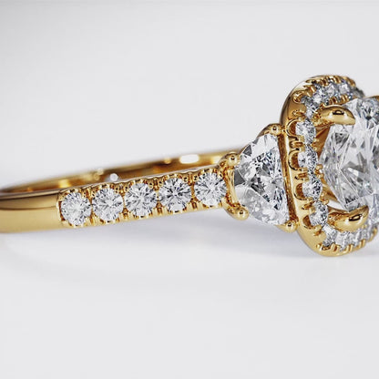 Cushion Cut With Pave Set Halo And Half Moon And Brilliant Cut Shoulders