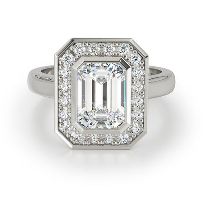 Bezel Set Emerald Cut Diamond With Bead Set Diamond Halo