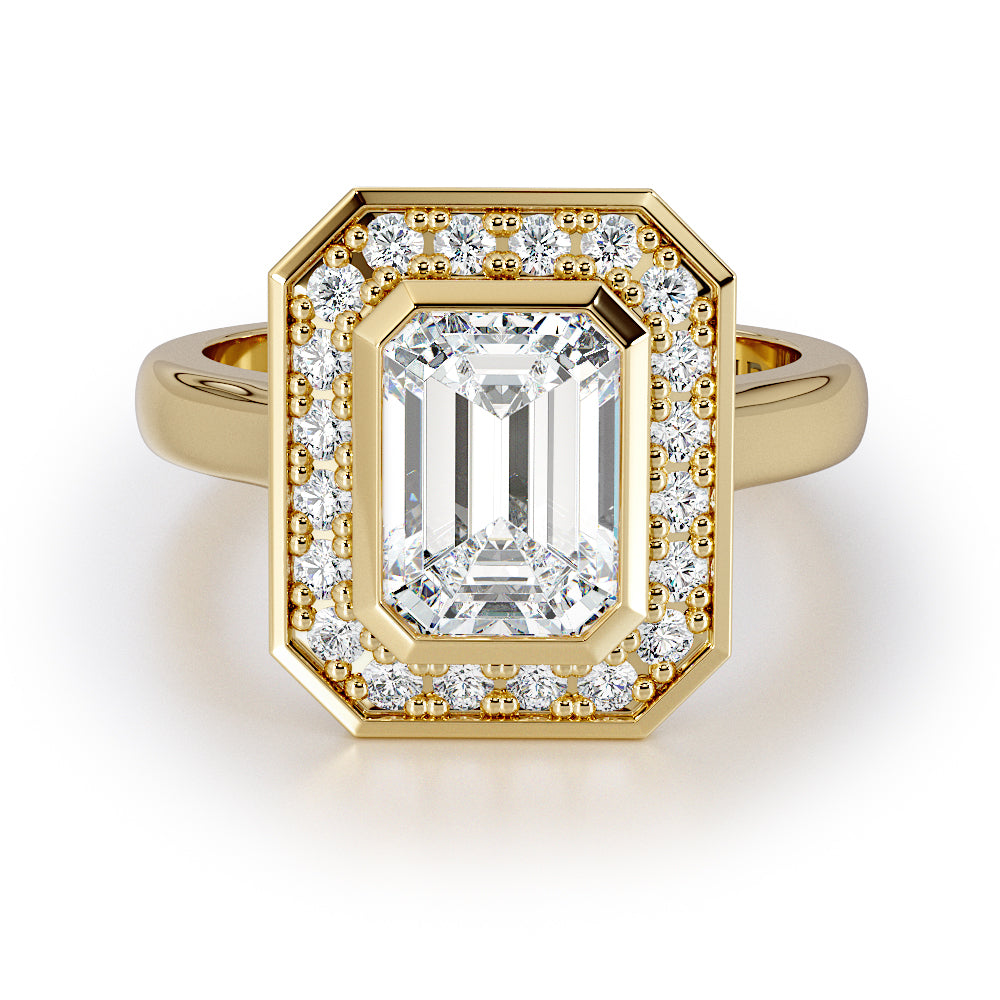 Bezel Set Emerald Cut Diamond With Bead Set Diamond Halo